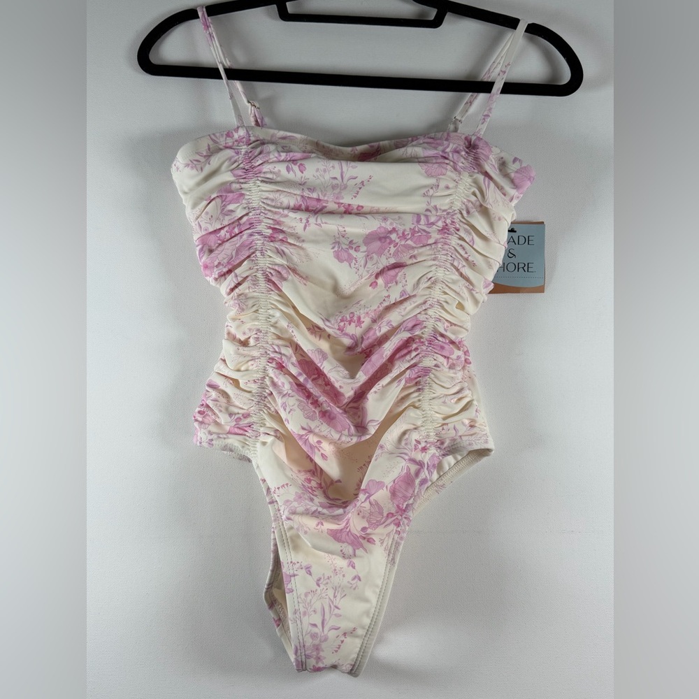 Women's Floral Print Tunneled Straight Neck One Piece - Shade & Shore™ Pink M - Picture 5 of 14